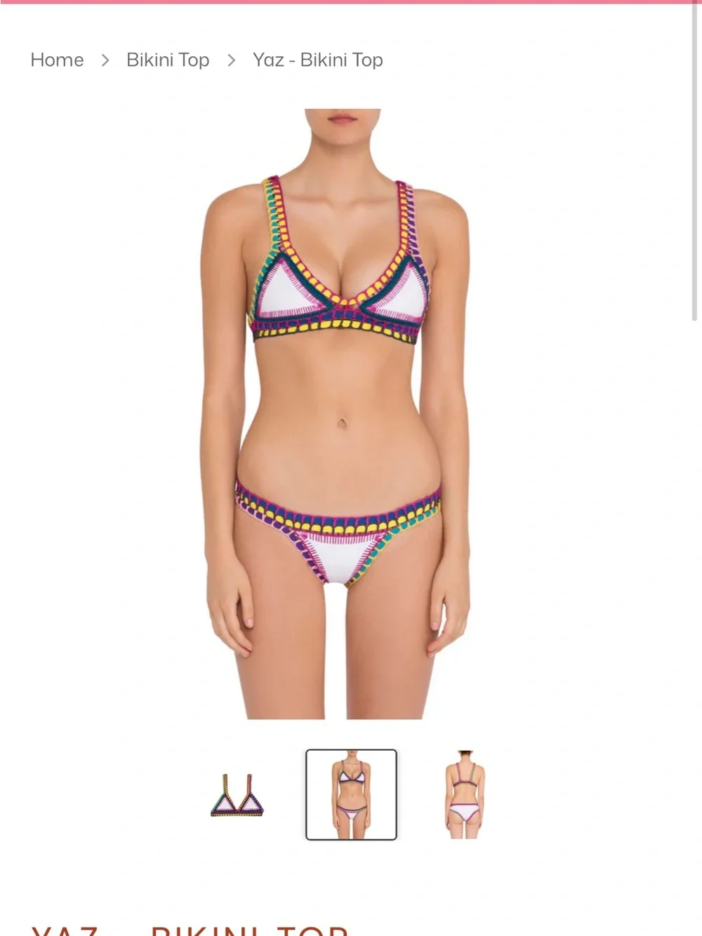 NWT KIINI Yaz White Triangle Bikini Top with Multicolor Crochet Trim Large